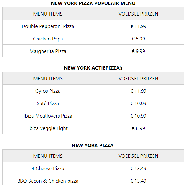 New York Pizza Menu NL
